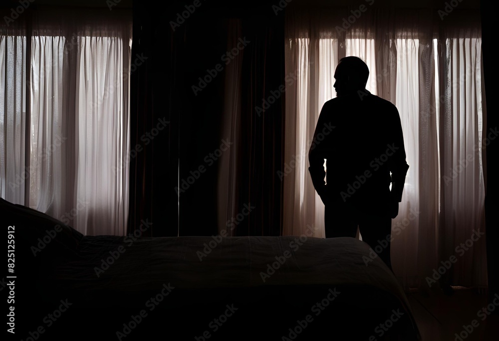 Alone Man Silhouette Staring At The Window Closed With Curtains In Bedroom Man Stands At Window Alone , Generative AI
