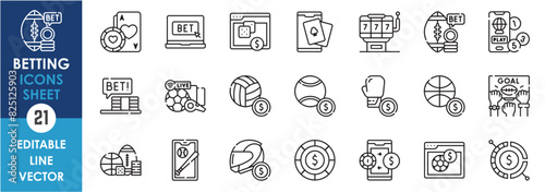 A set of line icons related to betting. Sports betting, gambling, live sports, mobile games, exchange and so on. Vector outline icons with sports betting.