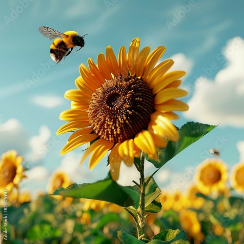 Cartoon style illustration of sunflower in field with a bee flying above on sky background