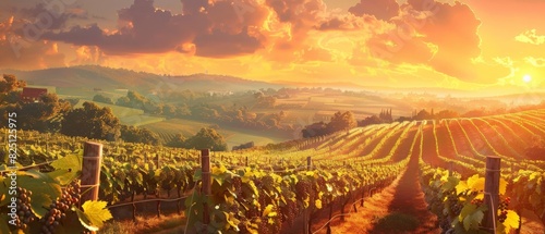 The setting sun casts a golden glow over a lush vineyard. photo