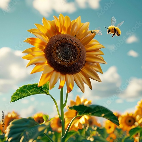 Cartoon style illustration of sunflower in field with a bee flying above on sky background