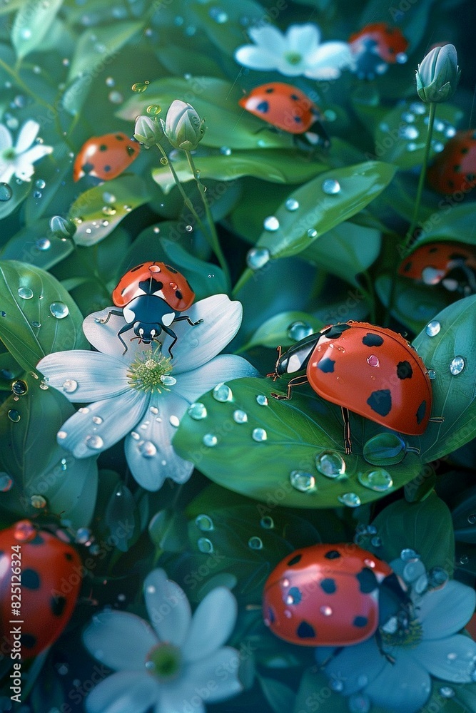 ladybugs on flowers half raindrops on beautiful green leaves. cartoon style ladybugs on flowers half raindrops on beautiful green leaves. cartoon style