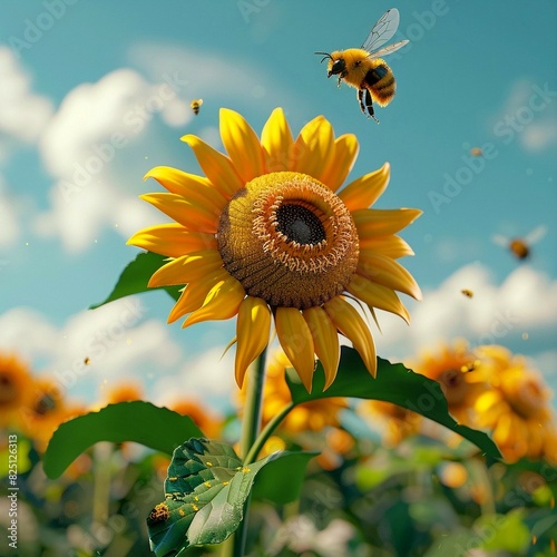 Cartoon style illustration of sunflower in field with a bee flying above on sky background