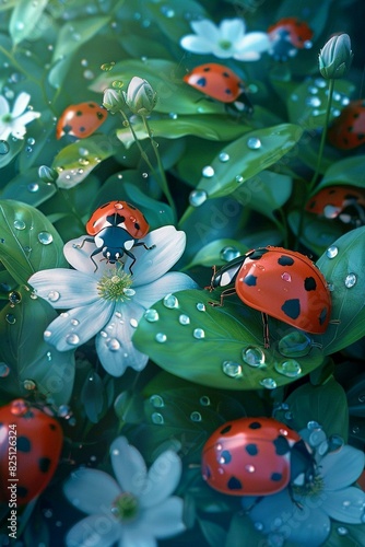 ladybugs on flowers half raindrops on beautiful green leaves. cartoon style