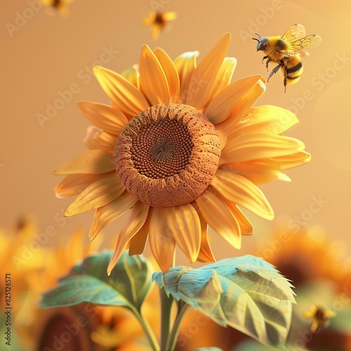 Cartoon style illustration of a sunflower with a bee flying above. yellow background