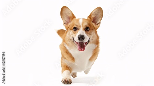 Happy corgi wagging its tail on a white background