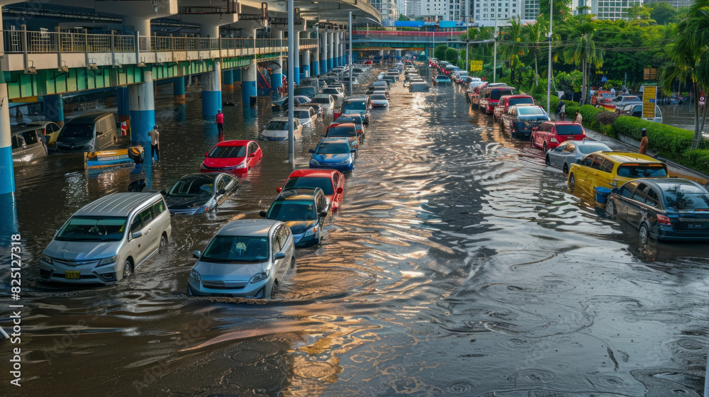 A flooded street with cars and people walking through the water A flooded street with cars and people walking through the water