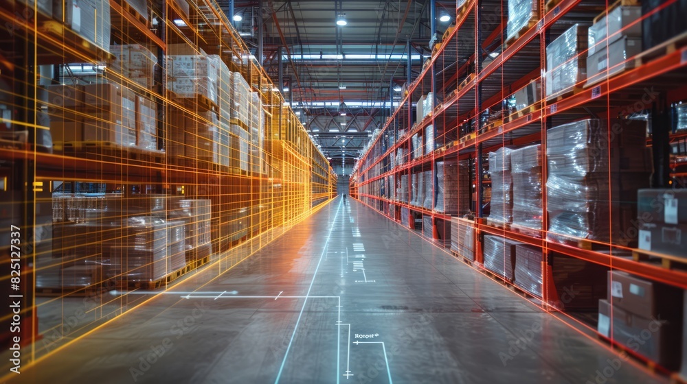 Augmented reality in a futuristic warehouse, optimizing package delivery and picking for a streamlined supply chain.