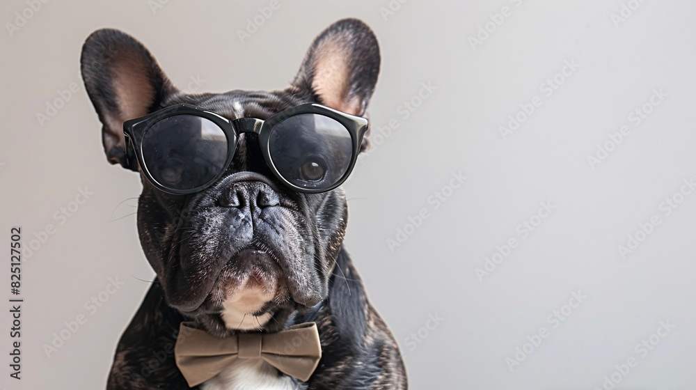 French bulldog wearing sunglasses and a bowtie on a white background French bulldog wearing sunglasses and a bowtie on a white background