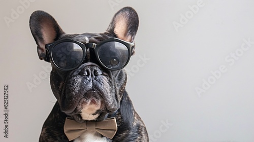 French bulldog wearing sunglasses and a bowtie on a white background © Palathon