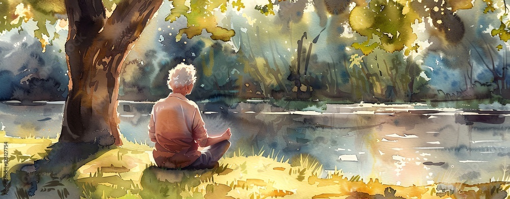 Watercolor painting of an elderly woman meditating in the park near a river, with trees and sunlight. The scene is peaceful and serene, perfect for meditation or relaxation. She has short white hair,