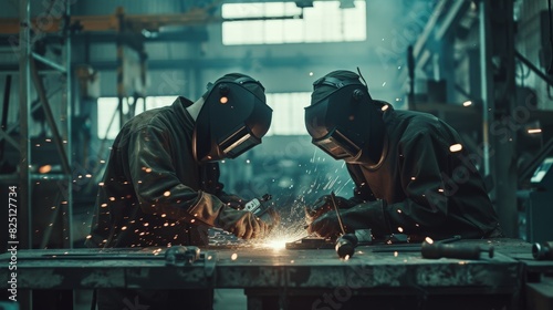 Witness the artistry of craftsmanship with an image showcasing two handymen at their workplace, welding and grinding with precision while surrounded by sparks, 