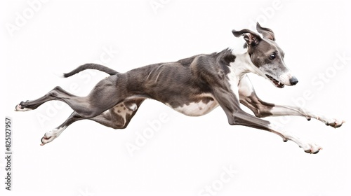 Lively whippet dog in a running pose on a white background