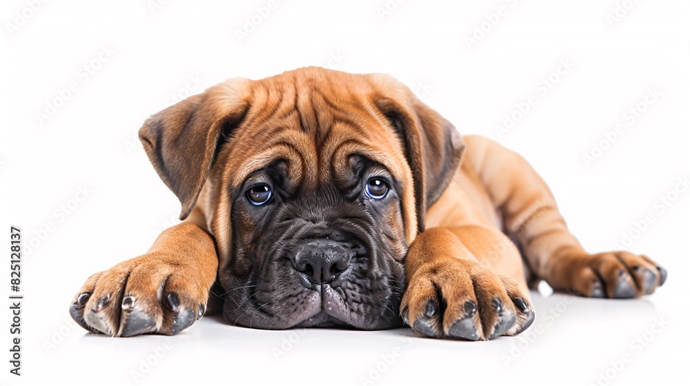 Playful mastiff puppy with big paws on a white background Playful mastiff puppy with big paws on a white background