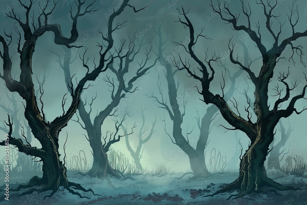 Naklejka premium Illustrated haunting tenebrous trees without foliage. Mysterious forest background