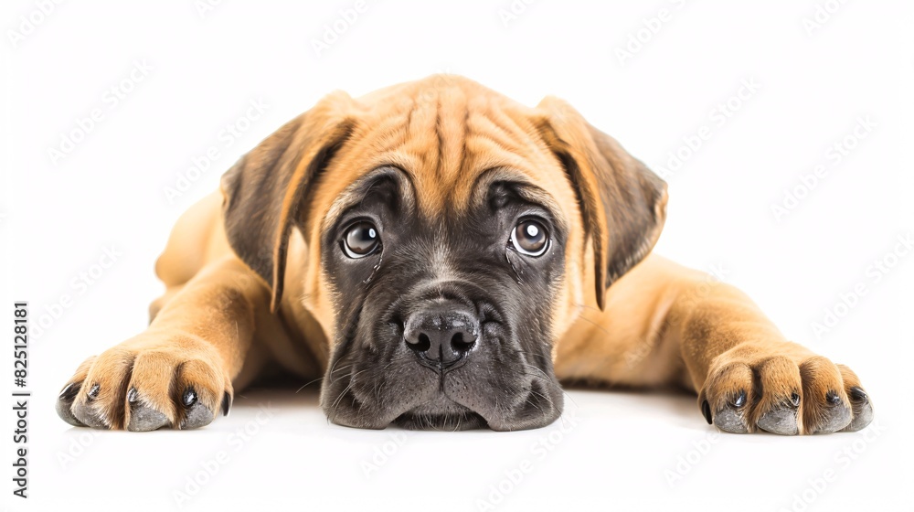Playful mastiff puppy with big paws on a white background Playful mastiff puppy with big paws on a white background
