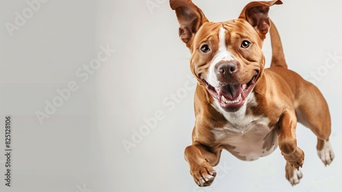 Energetic pit bull terrier jumping up high on a white background photo