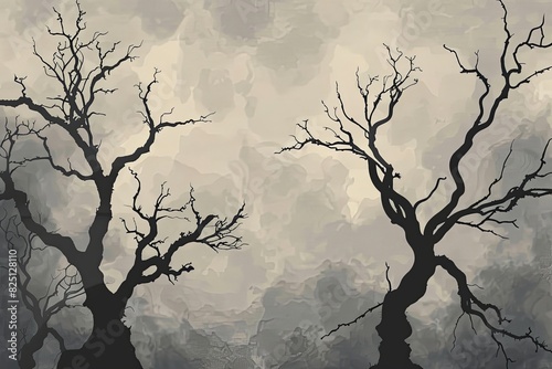 Illustrated eerie tenebrous trees without leaves. Spooky forest backdrop photo