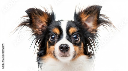 Cute papillon dog with its ears perked up on a white background photo