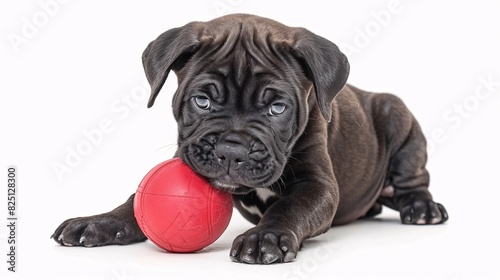 Lively cane corso puppy playing with a ball on a white background