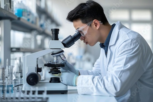 Full body photo of male Asian scientist analyzing samples using microscope in laboratory.
