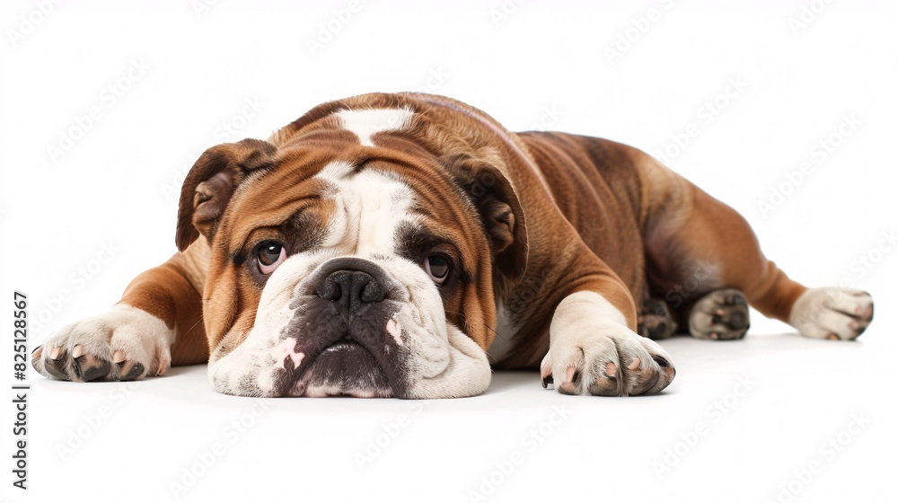 Affectionate English bulldog lying on its belly on a white background Affectionate English bulldog lying on its belly on a white background