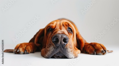 Silly bloodhound with a goofy expression on a white background