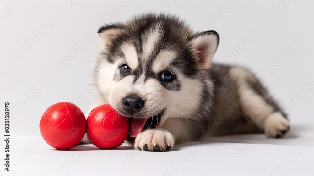 Playful malamute puppy chewing on a toy on a white background