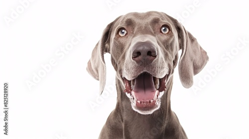Happy weimaraner with a wagging tail on a white background