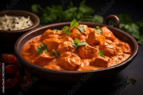 Tasty chicken tikka masala in a clay dish against a granite background © Markus Schröder