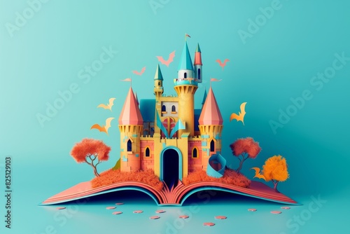 3d illustration of a castle pop up on a book on background