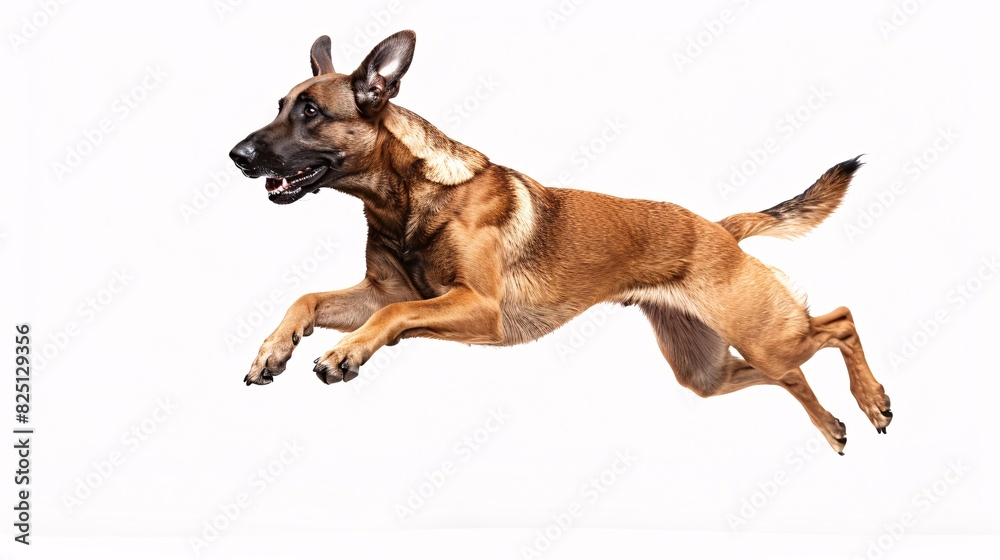 Energetic Belgian malinois jumping in the air on a white background Energetic Belgian malinois jumping in the air on a white background