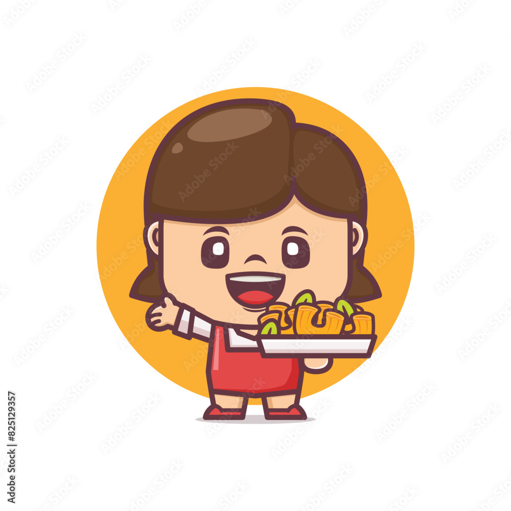 cute woman cartoon with macaroni, vector illustration for culinary industry