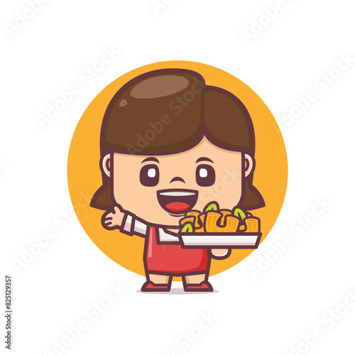 cute woman cartoon with macaroni, vector illustration for culinary industry