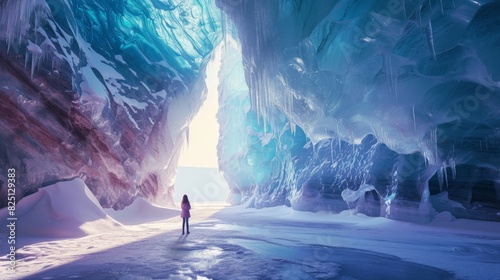 A girl standing at the entrance of the majestic Big Four Ice Caves, gazing in awe at the towering ice formations glistening in the sunlight. 