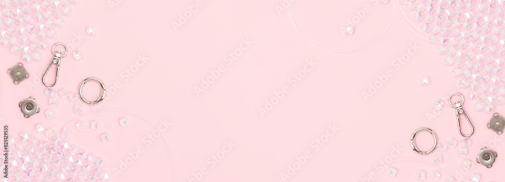 Banner with equipment and findings for handmade beaded bag on a pink background.