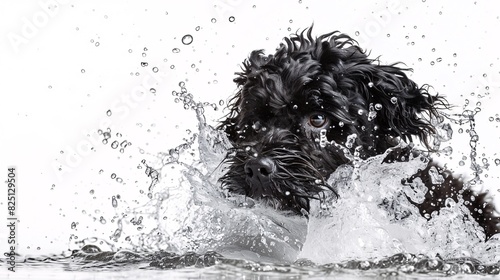 Playful Portuguese water dog splashing water on a white background photo