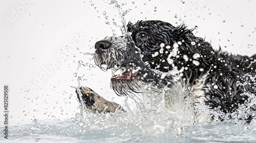 Playful Portuguese water dog splashing water on a white background photo