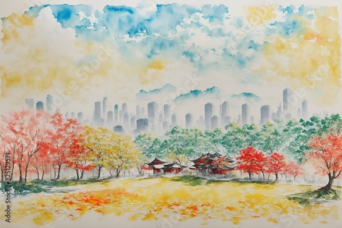 A painting of a city with a forest in the background