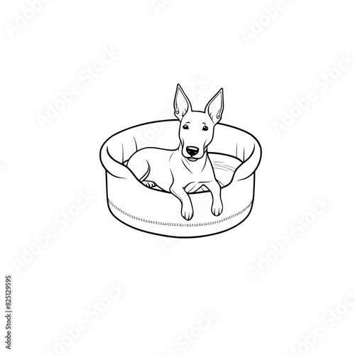 A cartoon bull terrier in a dog bed coloring page generative ai