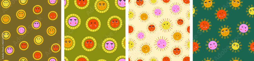 Four seamless patterns pack, optimistic suns. Repeating background, summer sunrise, surface design for branding. Four seamless patterns pack, optimistic suns. Repeating background, summer sunrise, surface design for branding.