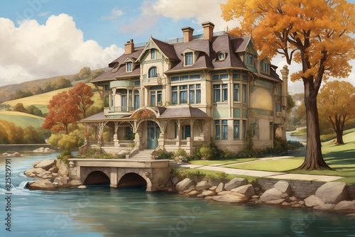 A large house with a bridge over a river