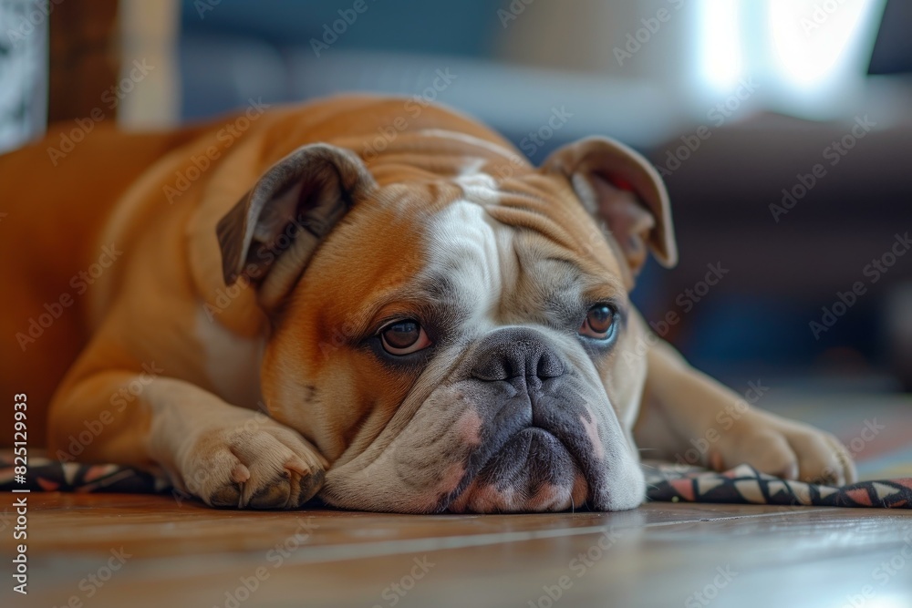 Bulldog lies down with a thoughtful expression in a cozy indoor setting