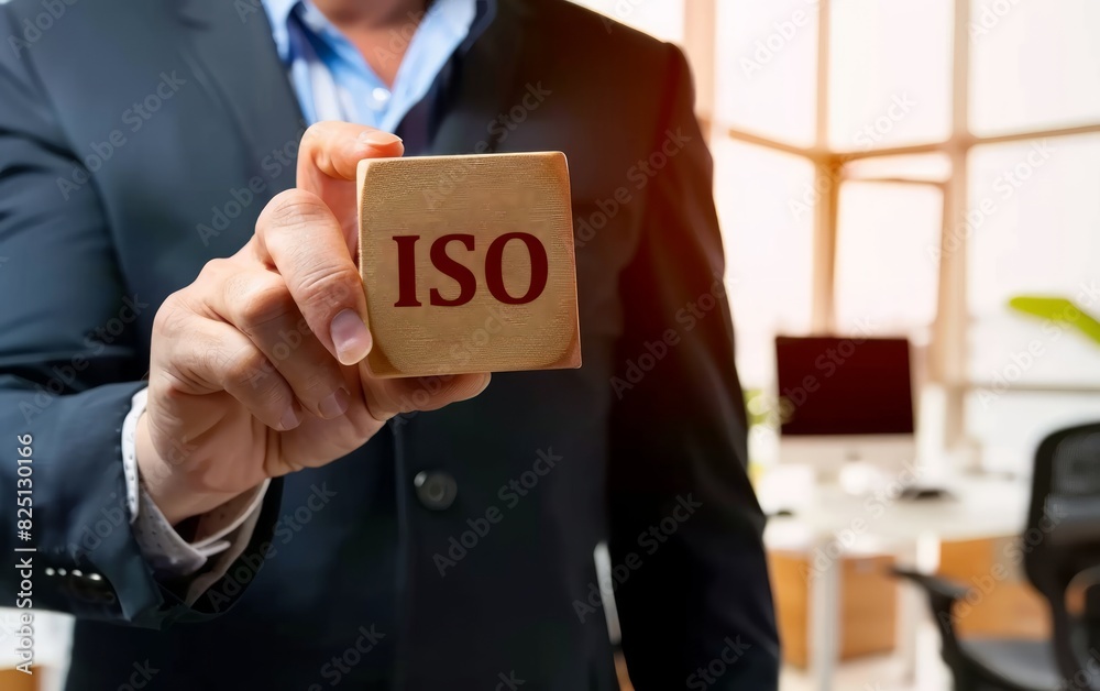 A businessman holding wooden block with the word ISO A businessman holding wooden block with the word ISO