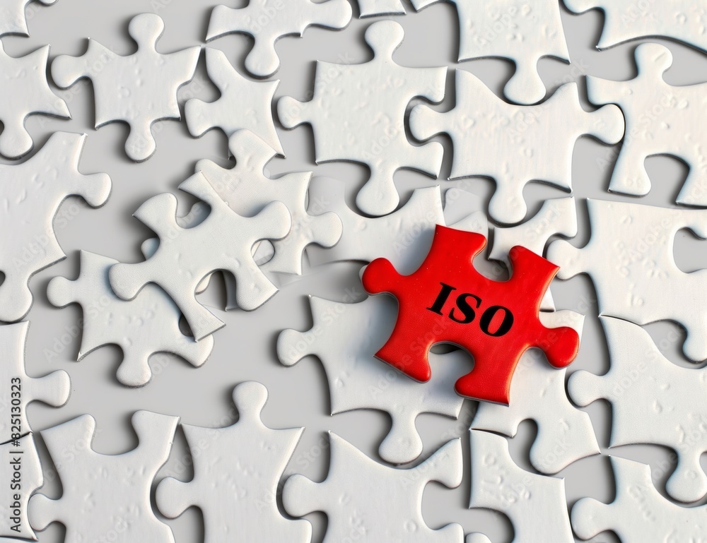 Fototapeta premium A white jigsaw puzzle with one red piece with the text ISO