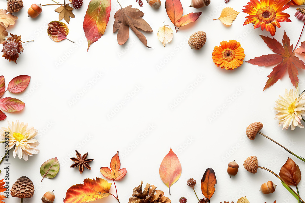 autumn composition made of dry leaves, acorns and berries on a white background.
Fall still life, seasonal decor arrangement, harvest festival display, natural border frame with copy space