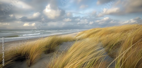 A windswept beach with tall dune grass fluttering in the breeze, the distant sound of waves crashing, under a vast sky filled with scudding clouds. photo