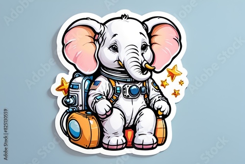 Artistic sticker illustration of a elephant astronaut with the American flag on its chest, looking directly at the viewer. photo