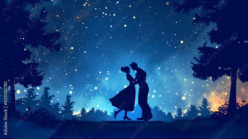 Silhouetted Couple Embracing Under Starry Night Sky in Enchanting Forest Landscape