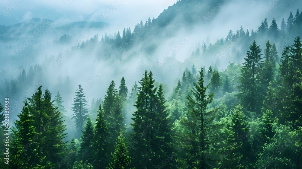 Misty Coniferous Forest Landscape in Mountain Valley Misty Coniferous Forest Landscape in Mountain Valley